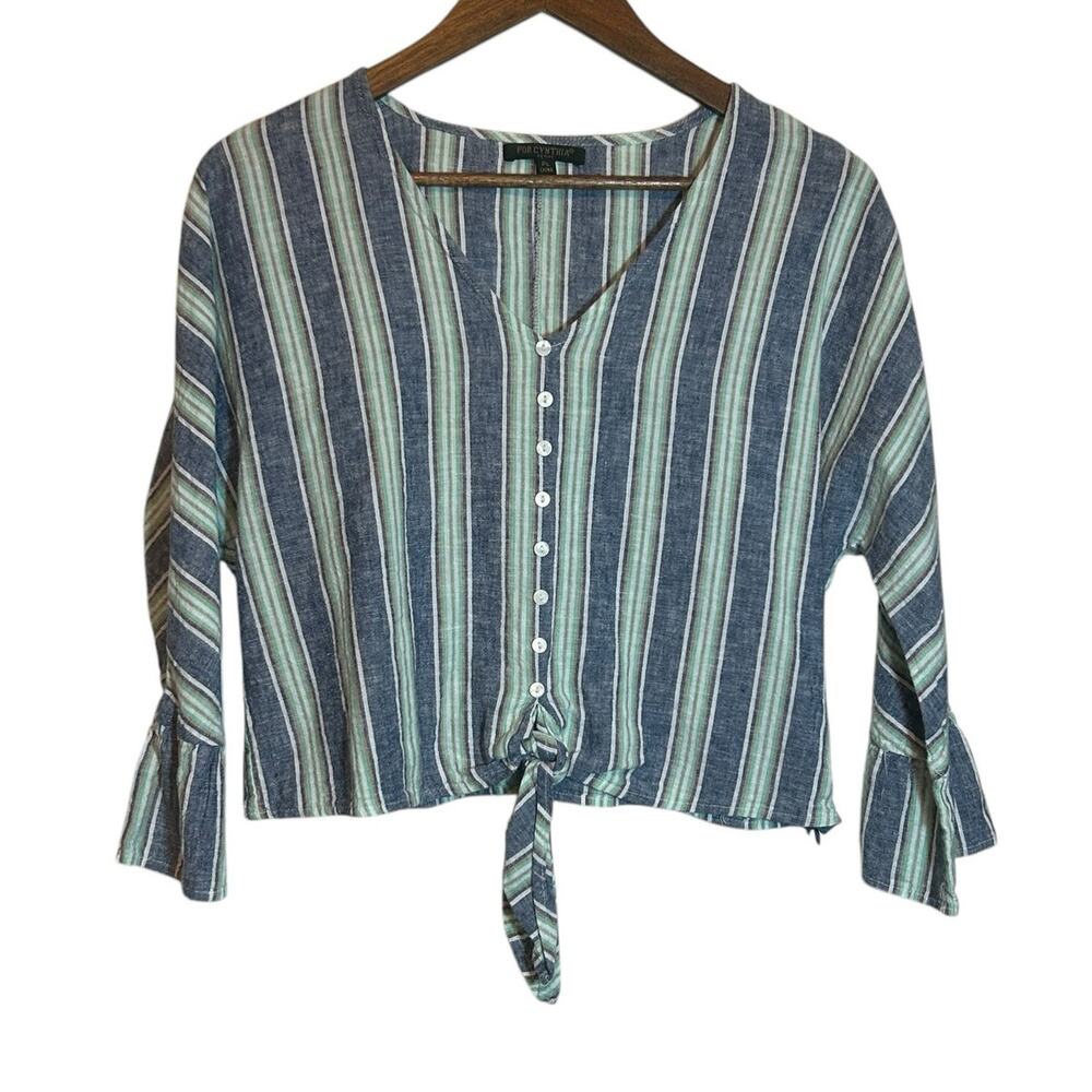 For Cynthia Women Crop Top PL Colorful Striped‎ Tie Front Coastal Beachy Summer